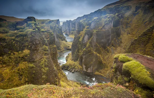 Clouds, river, stones, rocks, moss, canyon, Iceland, Vestur-Skaftafellssysla