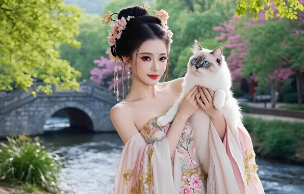 Cat, girl, lake, pond, dress, Chinese, Asian, long hair