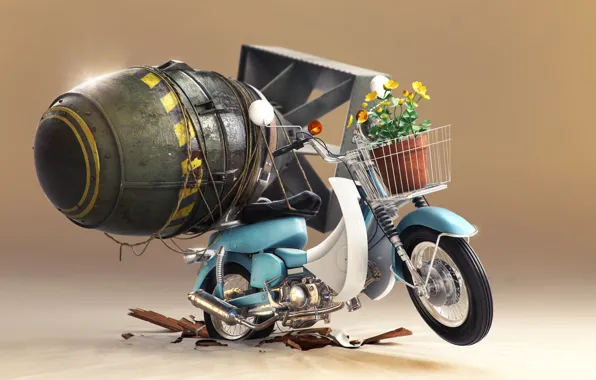 Flowers, bomb, pot, scooter