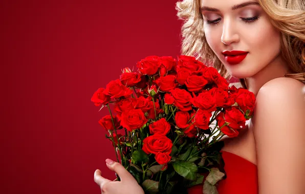 Girl, background, roses, bouquet, makeup, blonde, Mykhailo Orlov