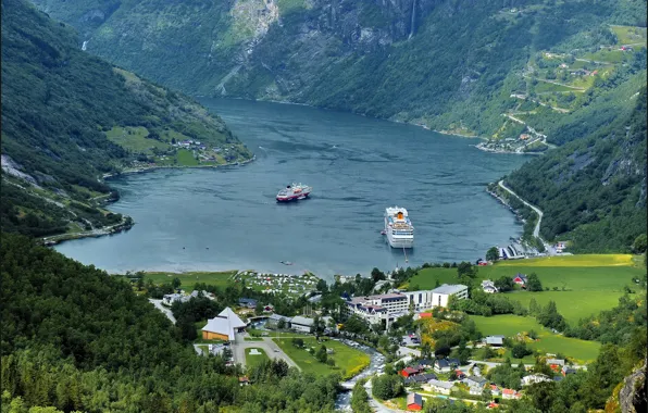 Mountains, field, home, ships, Norway, panorama, forest, the fjord