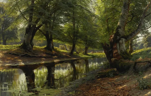 Picture trees, landscape, nature, picture, Peter Merk Of Menstad, Peder Mørk Mønsted, The stream in the …
