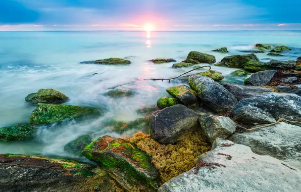 Sea, landscape, sunset, stones