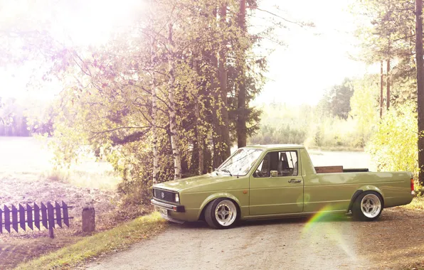 Picture road, the sun, lights, Volkswagen, wheel, the countryside, side, Caddy