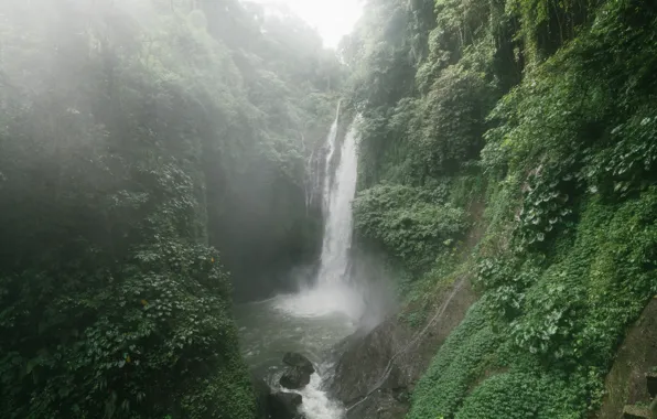 Waterfall, haze, waterfall, boulder, green foliage, haze, water flows, boulder