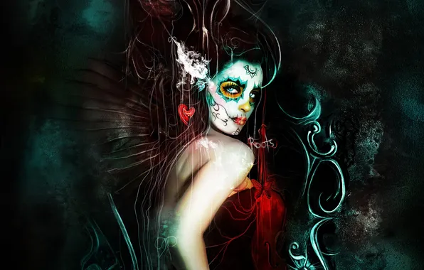 Picture look, girl, abstraction, face, death, butterfly, paint, art