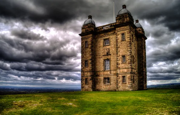 Grass, clouds, lawn, building, gloomy