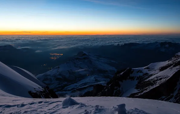 Snow, mountains, lights, Switzerland, valley, horizon, glow, The Bernese Alps