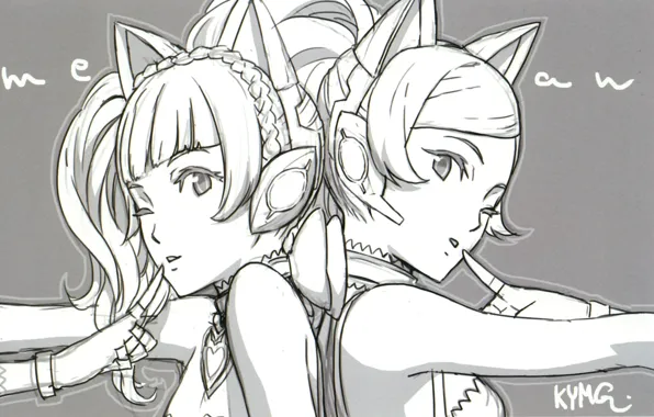 Grey background, vocaloid, wink, the vocaloids, back to back, cat ears, two girls, a finger …