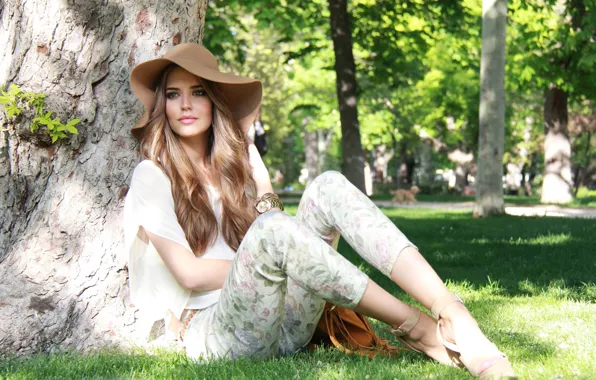 Picture grass, look, trees, nature, model, hat, sitting, Clara Alonso