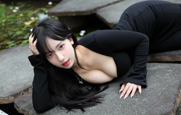 Girl, dress, brunette, neckline, Asian
