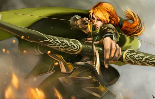 Green, fire, bow, red, shooting, cloak, Dota 2, windranger