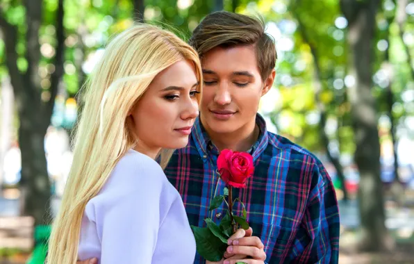 Girl, love, flowers, roses, blonde, pair, guy, lovers