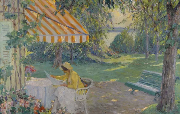 Picture girl, picture, bench, Edward Cucuel, Edward Cucuel, Summer on Lake Starnberg