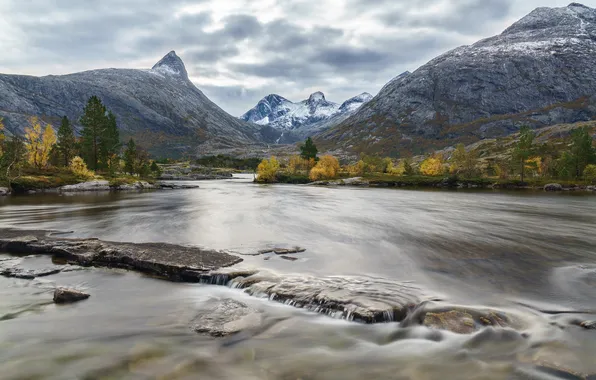 Autumn, forest, mountains, river, shore