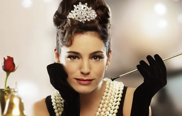 Girl, photo, Kelly Brook, necklace, pearl, gloves, mouthpiece, Diadema