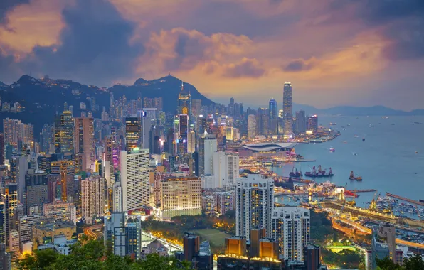 Sea, coast, China, building, Hong Kong, port, panorama, China