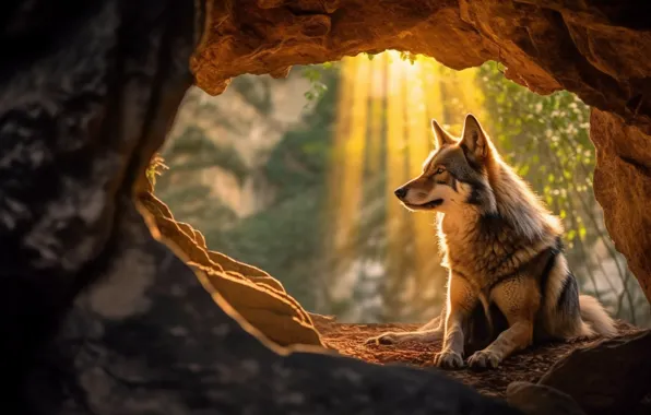Forest, light, nature, rock, wolf, arch, lies, cave