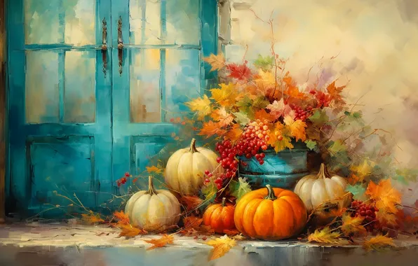 Autumn, house, berries, wall, bouquet, door, harvest, fruit
