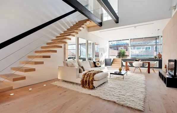 Picture interior, ladder, balcony, living room