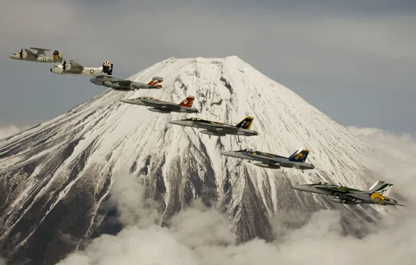 Picture flight, aviation, mountain, the volcano, fighters, Fuji