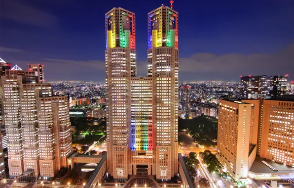 Picture the sky, clouds, night, lights, building, home, skyscrapers, Japan