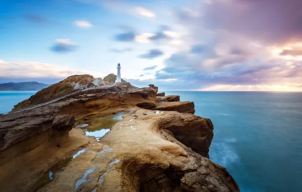 Sea, clouds, lighthouse, New Zealand, Cape, Kalpoint