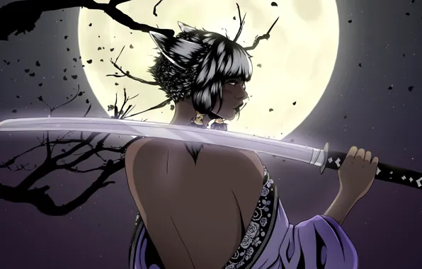 Girl, Night, The moon, Style, Girl, Sword, Moon, Fantasy