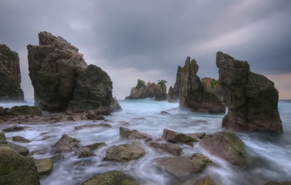Sea, the sky, clouds, fog, stones, overcast, rocks, shore