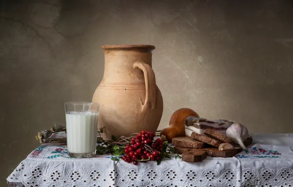 Picture glass, Mac, milk, bread, pumpkin, pitcher, still life, garlic