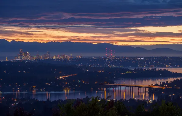 The sky, clouds, trees, landscape, sunset, mountains, the city, lights