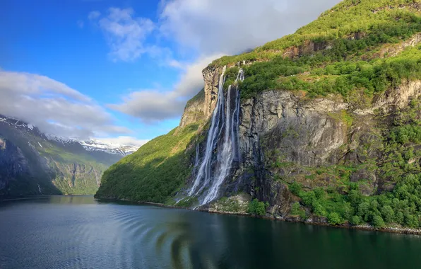 Picture mountains, waterfall, Norway, the fjord
