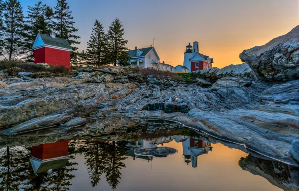 Picture water, trees, landscape, reflection, stones, dawn, lighthouse, home