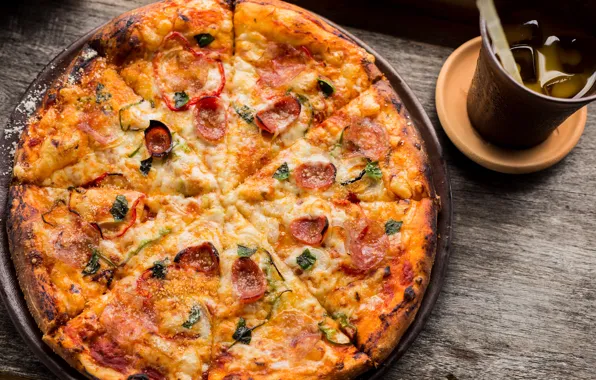 Cheese, pepper, drink, pizza, the dough, Pizza, sausages