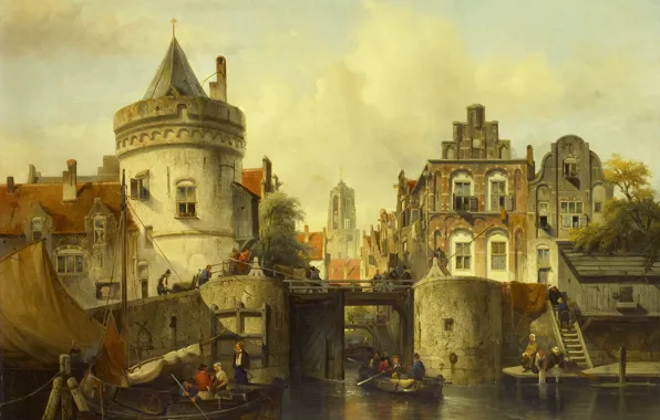 Oil, picture, canvas, 1839, Views Kolksluis in Amsterdam, Salomon Leonardus Verveer, Salomon Verveer Leonardus