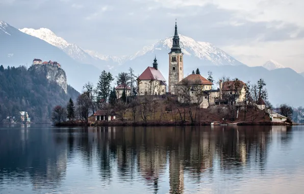 Mountains, lake, island, home, Church, Slovenia, Bled