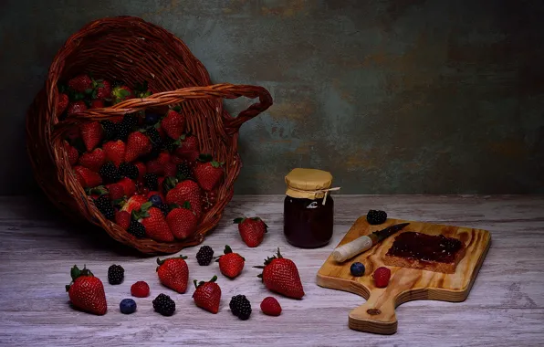 Berries, the dark background, table, strawberry, knife, still life, basket, BlackBerry