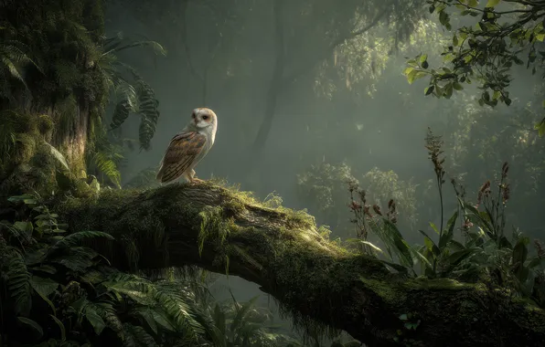 Forest, plants, owl, moss, illustration, log, AI art