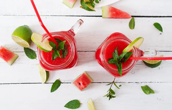 Watermelon, lime, drink, slices