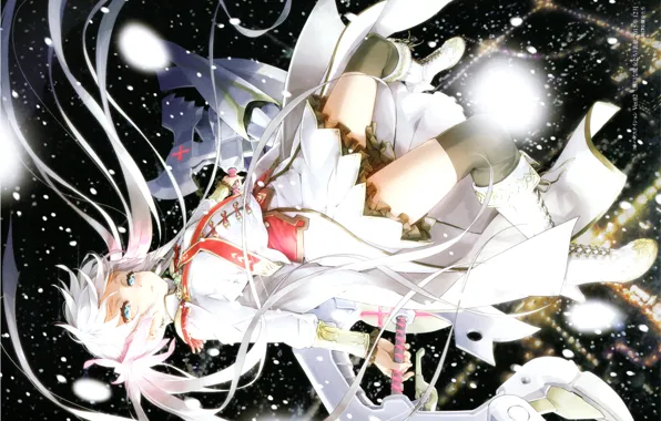 Katana, stockings, boots, girl, art, military uniform, starry sky, lacing