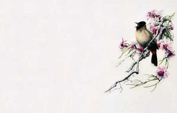 Picture bird, minimalism, branch, East, master, art, painting