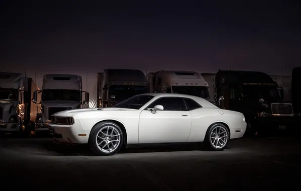 White, trucks, night, white, side view, Dodge, dodge, challenger