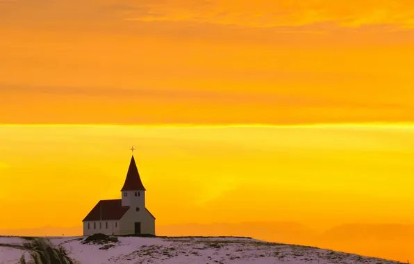 Picture sunset, temple, Iceland