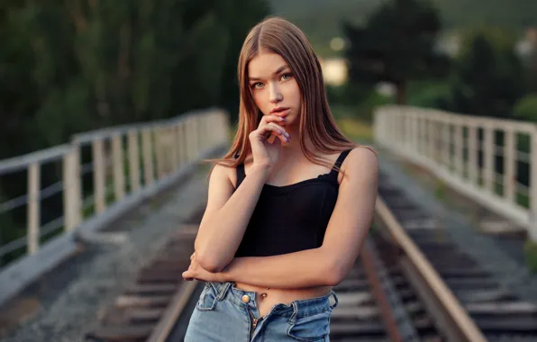 Look, girl, pose, railroad, Evgeny Bulatov, Pauline Filipenkova