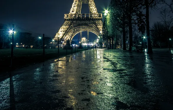 Night, lights, France, Paris, lights, puddles, Eiffel tower