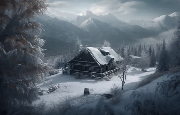 Winter, forest, snow, house, hut, AI art, neural network, a hut in the forest