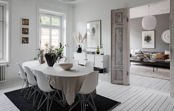 Design, interior, plants, pictures, monochrome, living room, vases, dining room