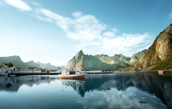 Mountains, rocks, boat, home, Bay, pier, Norway, boat