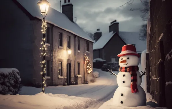 Winter, road, light, snow, night, the city, house, street