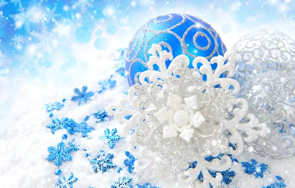 Snowflakes, balls, patterns, toys, Shine, New Year, Christmas, the scenery